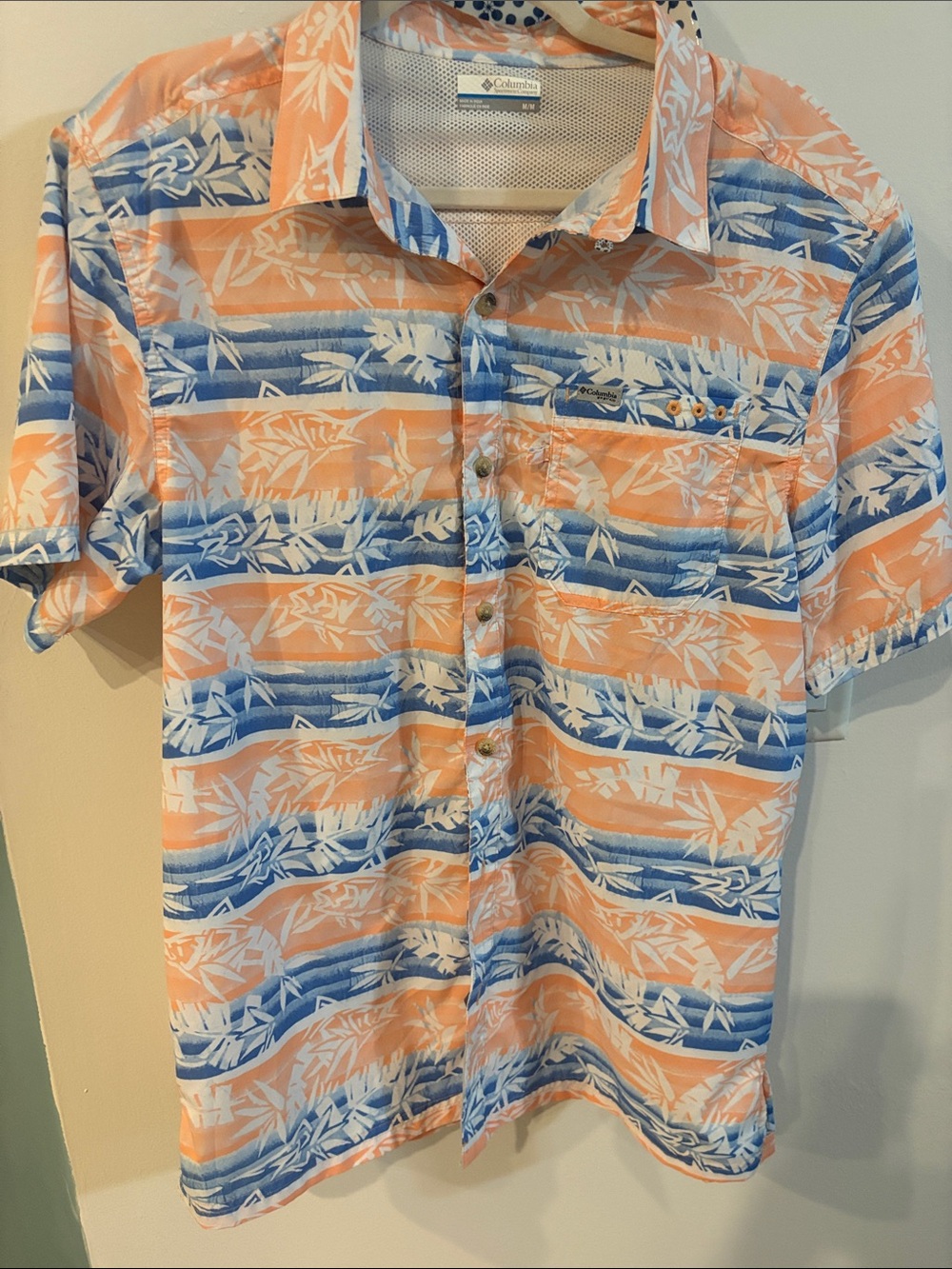 Columbia Peach and Blue Short-Sleeve Button-Down Hawaiian Shirt